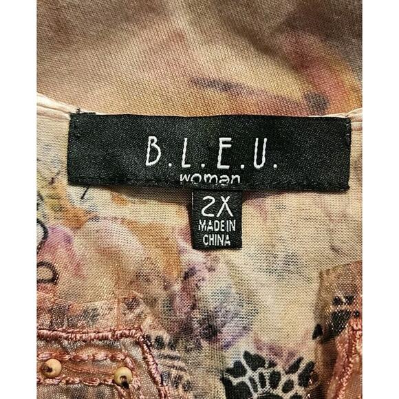 B.L.E.U WOMAN 2X Pink Floral Blouse 3/4 Flair Sleeves Embroidered Lace Beaded - Picture 10 of 11